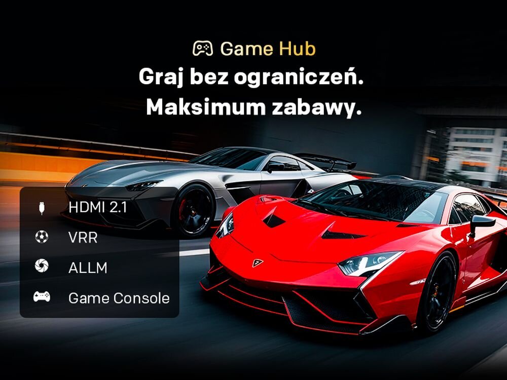Na obrazie widoczne są dwa sportowe samochody, jeden czerwony, drugi srebrny, jadące po drodze. Na górze znajduje się tekst: \'Game Hub Graj bez ograniczeń. Maksimum zabawy.\', a po lewej stronie ikony z napisami: \'HDMI 2.1\', \'VRR\', \'ALLM\', \'Game Console\'.