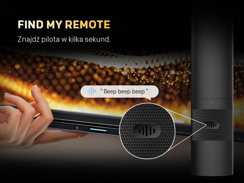 Obraz przedstawia rękę trzymającą urządzenie z przyciskiem, obok którego znajduje się napis \'Beep beep beep\'. Na górze widoczny jest tekst: \'FIND MY REMOTE Znajdź pilota w kilka sekund.\'