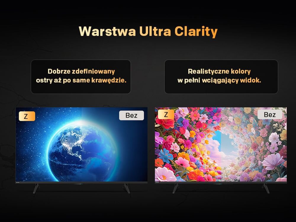 Obraz przedstawia dwa telewizory z napisami \'Z\' i \'Bez\', pokazujące różnicę w jakości obrazu. Nad telewizorami znajdują się napisy: \'Warstwa Ultra Clarity\', \'Dobrze zdefiniowany ostry aż po same krawędzie.\' oraz \'Realistyczne kolory w pełni wciągający widok.\'.