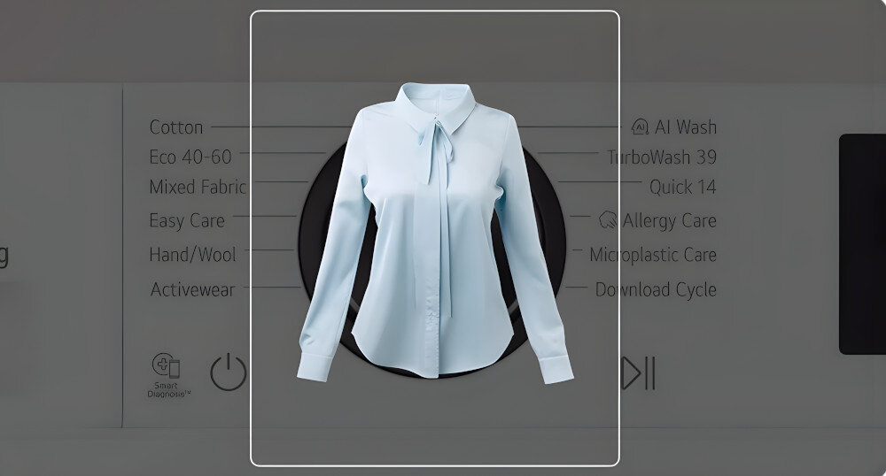 Na obrazie widoczna jest jasnoniebieska koszula umieszczona na tle panelu sterowania pralki z różnymi programami prania, takimi jak \'Cotton\', \'Eco 40-60\', \'Mixed Fabric\', \'Easy Care\', \'Hand/Wool\', \'Activewear\', \'AI Wash\', \'TurboWash 39\', \'Quick 14\', \'Allergy Care\', \'Microplastic Care\', \'Download Cycle\'.