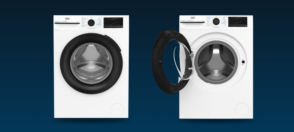 PRALKA BEKO 8 KG SLIM XBM3WFUS48415W Dwa ujęcia pokazują pralkę z zamkniętymi oraz otwartymi drzwiami. Widoczne jest wnętrze bębna i szeroki otwór załadunkowy wyświetlacz 15  programów drzwi  XL 6 kg