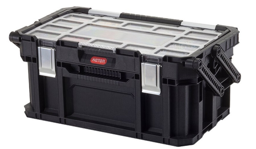 Skrzynka narzędziowa KETER 238275 zamknięta skrzynka na białym tle wytrzymała metalowa rączka z elastycznym uchwytem soft grip waga około 3,6 kg ergonomiczna konstrukcja o wymiarach 56,5 x 31,7 x 25,1 cm