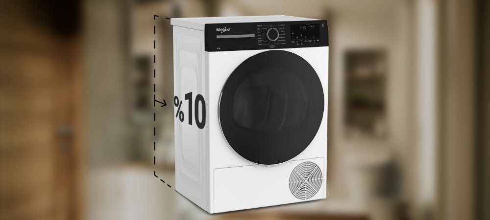 Biała suszarka z czarnym panelem sterowania i okrągłymi drzwiami, na której widnieje napis \'%10\'.