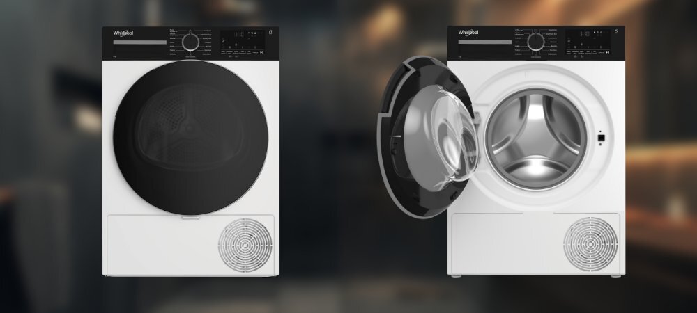 Dwa widoki suszarki: jeden z zamkniętymi drzwiami, drugi z otwartymi. Na panelu widoczne jest logo \'Whirlpool\'.