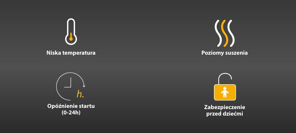 Obraz przedstawia cztery ikony z podpisami: \'Niska temperatura\', \'Poziomy suszenia\', \'Opóźnienie startu (0-24h)\', \'Zabezpieczenie przed dziećmi\'.
