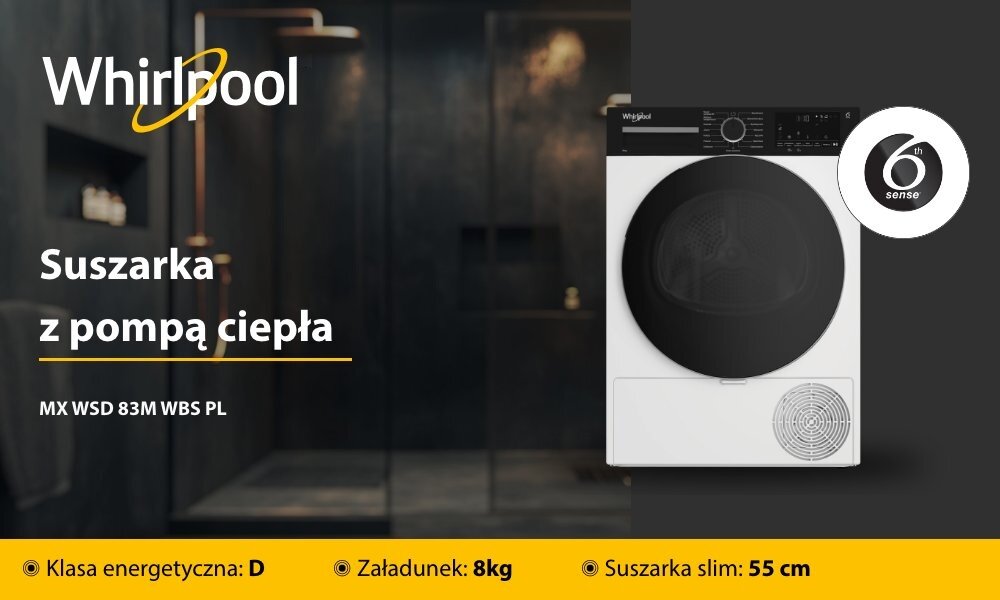 Obraz przedstawia suszarkę z pompą ciepła marki Whirlpool, z widocznym bębnem i panelem sterowania. Na obrazie znajduje się tekst: \'Suszarka z pompą ciepła\', \'MX WSD 83M WBS PL\', \'Klasa energetyczna: D\', \'Załadunek: 8kg\', \'Suszarka slim: 55 cm\'.
