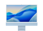 Monitor komputerowy z cienką ramką, wyświetlający abstrakcyjną grafikę w odcieniach niebieskiego i żółtego. Podstawa monitora jest prostokątna i w kolorze jasnoniebieskim.
