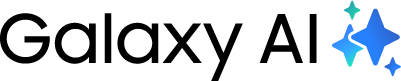 Logo z napisem \'Galaxy AI\' z niebieskimi i zielonymi gwiazdkami po prawej stronie.