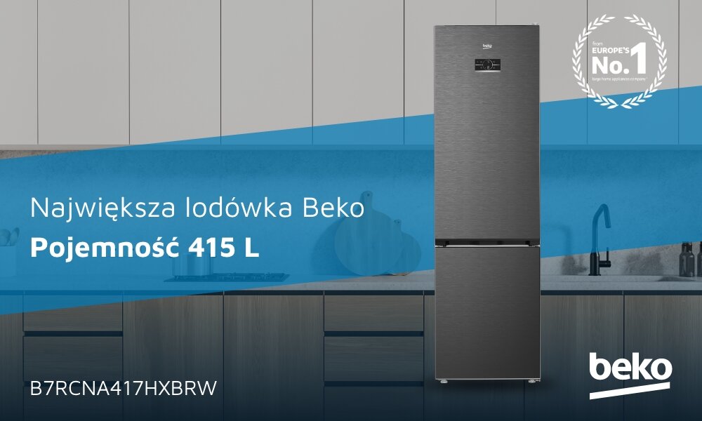 Obraz przedstawia lodówkę w kolorze ciemnego inoxu na tle kuchni. Widoczny tekst: \'Największa lodówka Beko Pojemność 415 L\', \'B7RCNA417HXBRW\', \'beko\', oraz \'Europe\'s No. 1\'.