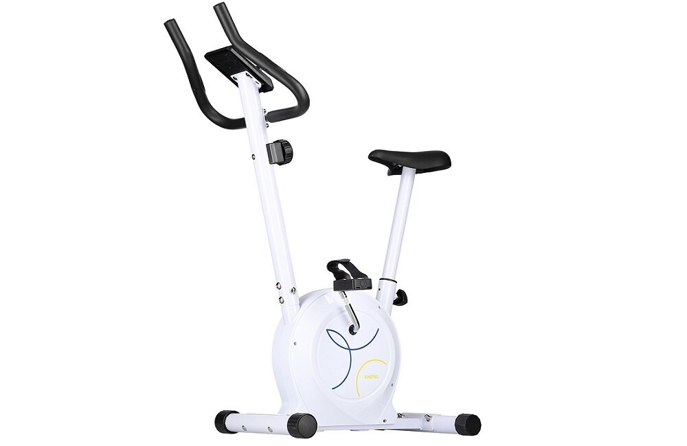 Biały rower magnetyczny z czarnym siodełkiem i uchwytami. Na obudowie widoczne są delikatne wzory i napis \'MAGNETIC\'.