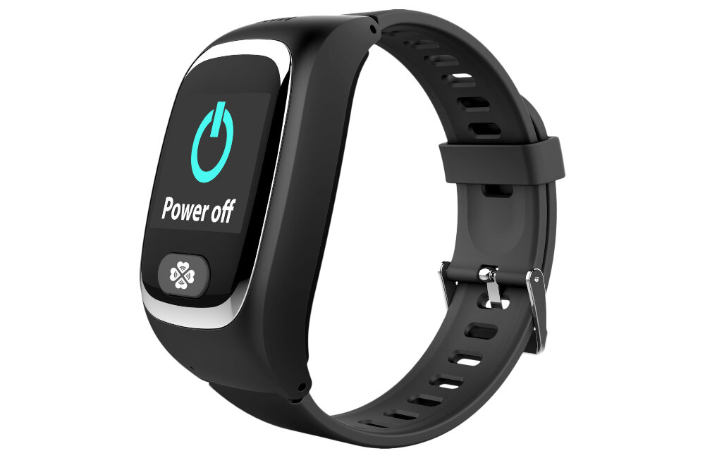 Czarny smartband z wyświetlaczem pokazującym ikonę włączania i tekst \'Power off\'. Pasek jest regulowany z klasycznym zapięciem.