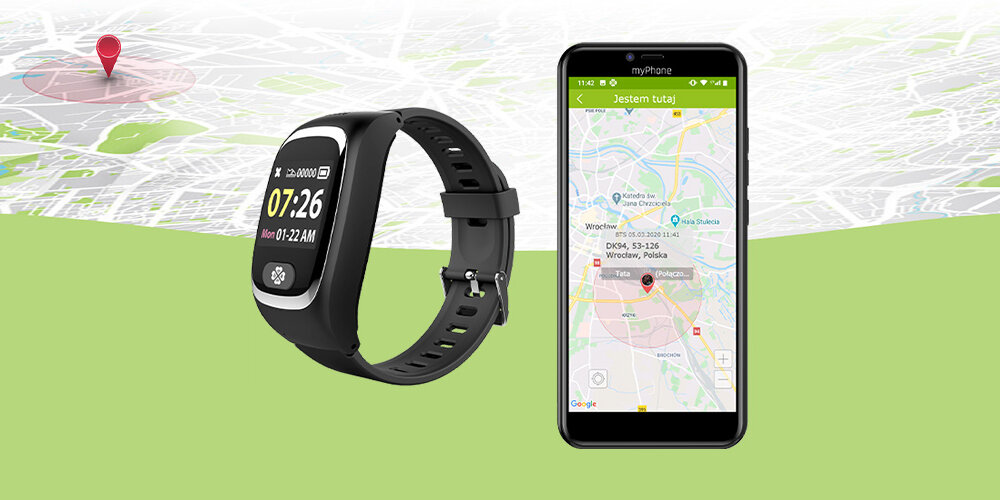 Obraz przedstawia czarny smartband z wyświetlaczem pokazującym godzinę 07:26 AM oraz telefon z aplikacją mapową wskazującą lokalizację we Wrocławiu, Polska. W tle widoczna jest stylizowana mapa z zaznaczonym punktem lokalizacyjnym.