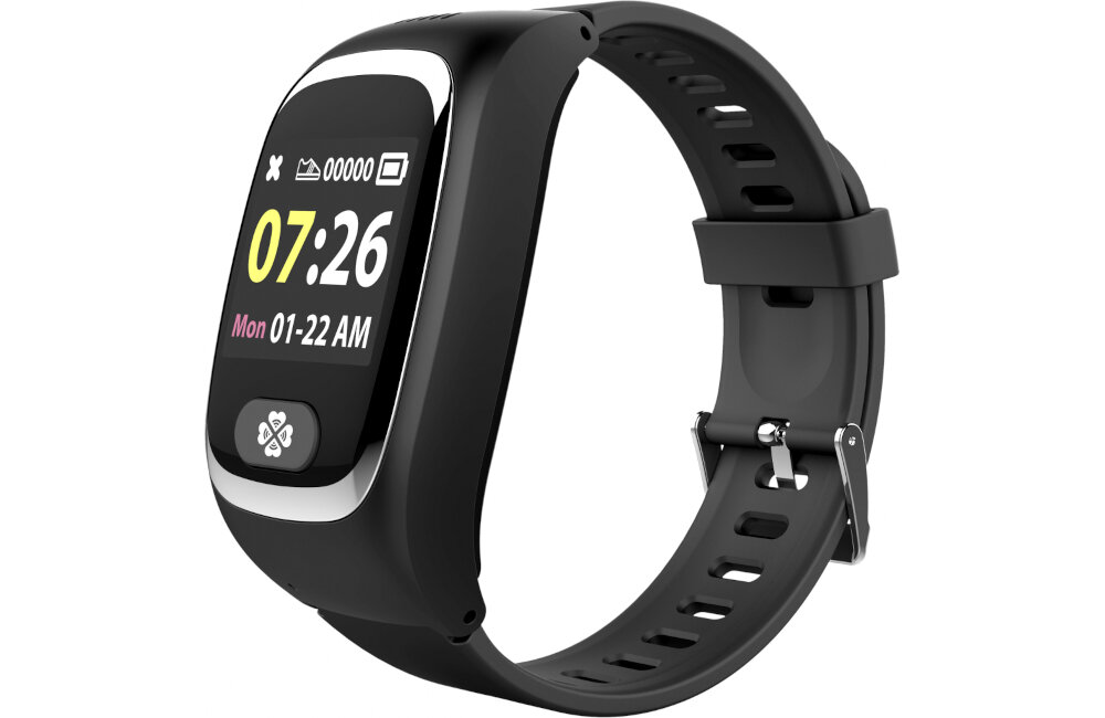 Czarny smartband z kolorowym wyświetlaczem pokazującym godzinę 07:26, dzień Mon i datę 01-22 AM. Pasek jest regulowany, a na ekranie widoczne są ikony baterii i zasięgu.