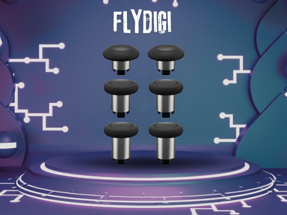 Na obrazie widoczne są sześć czarnych joysticków na metalowych podstawach, ustawionych w dwóch rzędach po trzy. W tle znajduje się napis \'FLYDIGI\' na niebiesko-fioletowym tle z geometrycznymi wzorami.