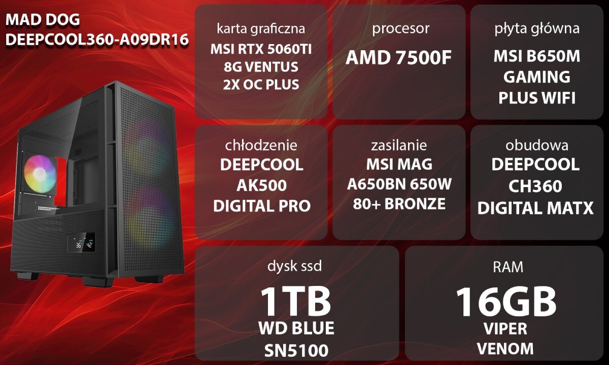 Obraz przedstawia komputer MAD DOG DEEPCOOL360-A09DR16 z opisem specyfikacji: karta graficzna MSI RTX 5060TI 8G VENTUS 2X OC PLUS, procesor AMD 7500F, płyta główna MSI B650M GAMING PLUS WIFI, chłodzenie DEEPCOOL AK500 DIGITAL PRO, zasilanie MSI MAG A650BN 650W 80+ BRONZE, obudowa DEEPCOOL CH360 DIGITAL MATX, dysk SSD 1TB WD BLUE SN5100, RAM 16GB VIPER VENOM.