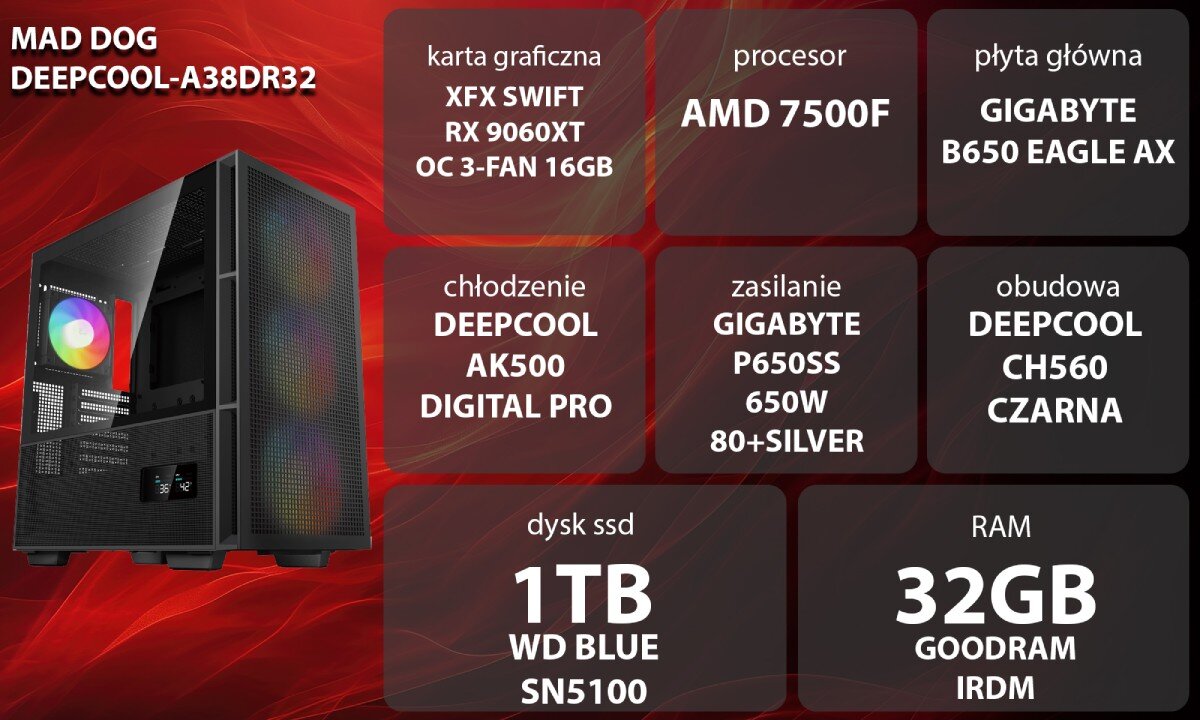Obraz przedstawia komputer MAD DOG DEEPCOOL-A38DR32 z widocznymi specyfikacjami: karta graficzna XFX SWIFT RX 9060XT OC 3-FAN 16GB, procesor AMD 7500F, płyta główna GIGABYTE B650 EAGLE AX, chłodzenie DEEPCOOL AK500 DIGITAL PRO, zasilanie DEEPCOOL P650SS 650W 80+SILVER, obudowa DEEPCOOL CH560 CZARNA, dysk SSD 1TB WD BLUE SN5100, RAM 32GB GOODRAM IRDM.