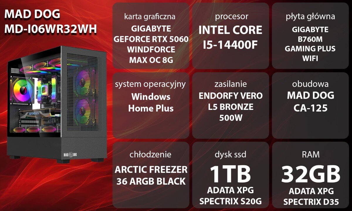 Obraz przedstawia komputer z podświetleniem RGB oraz specyfikację techniczną: karta graficzna GIGABYTE GeForce RTX 5060, procesor Intel Core i5-14400F, 32GB RAM, 1TB SSD, system Windows Home Plus.