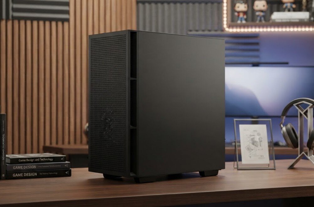 Komputer MAD DOG DEEPCOOL360-A10WR32WP Zamknięta obudowa komputerowa z siatkowanym przodem stojąca na biurku w pokoju