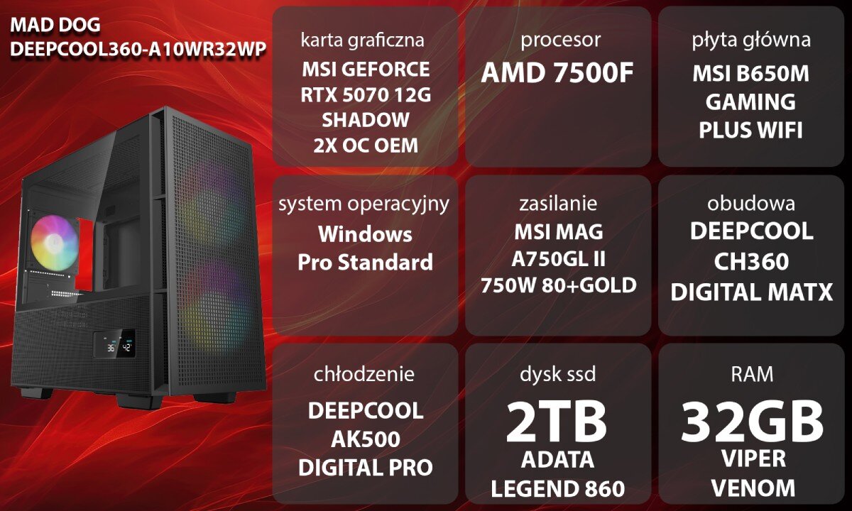 Obraz przedstawia komputer z podświetleniem RGB oraz specyfikację techniczną: karta graficzna MSI GeForce RTX 5070 12G Shadow 2X OC OEM, procesor AMD 7500F, płyta główna MSI B650M Gaming Plus WiFi, system operacyjny Windows Pro Standard, zasilanie MSI MAG A750GL II 750W 80+Gold, obudowa Deepcool CH360 Digital MATX, chłodzenie Deepcool AK500 Digital Pro, dysk SSD 2TB ADATA Legend 860, RAM 32GB Viper Venom.