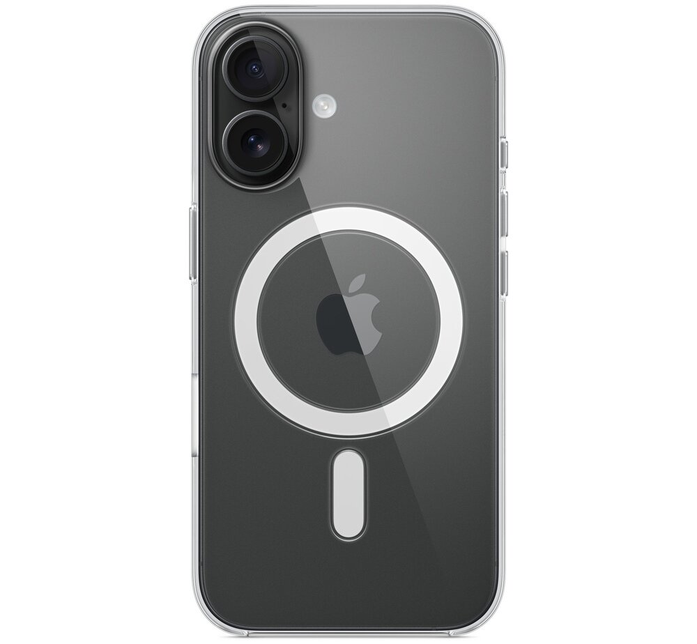 Przezroczyste etui na telefon z widocznym logo Apple i okrągłym wzorem MagSafe. Etui jest dopasowane do telefonu z dwoma obiektywami aparatu i lampą błyskową.