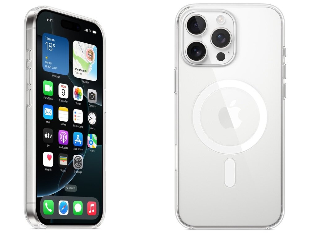 Obraz przedstawia przezroczyste etui na smartfon z widocznym logo w kształcie jabłka. Na ekranie telefonu wyświetlone są różne aplikacje, a w górnym rogu widoczna jest godzina 9:41 oraz ikony zasięgu i baterii.