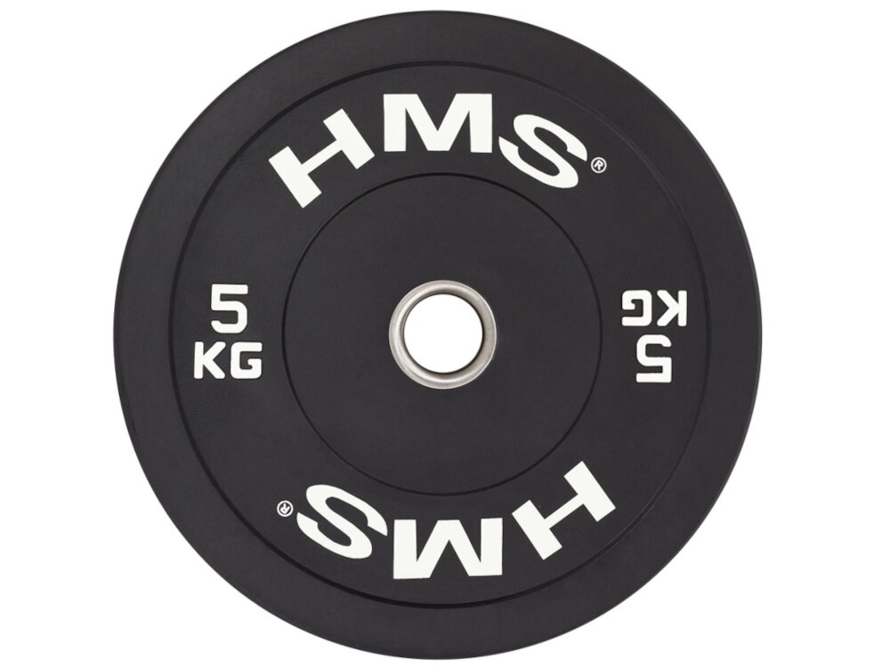 Obciążenie HMS BBR05 (5 kg) obciążenie na białym tle widoczne od przodu o wadze 5 kg do ćwiczeń ze sztangą i gryfami olimpijskimi można bezpiecznie budować siłę, masę mięśniową oraz wytrzymałość średnica wewnętrzna 51 mm