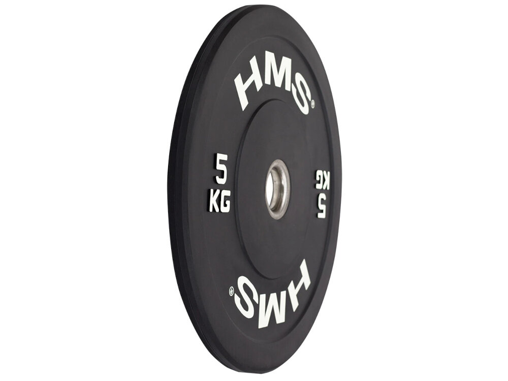 Obciążenie HMS BBR05 (5 kg) obciążenie na białym tle widoczne od przodu pod skosem kalibrowane wagowo i wymiarowo z tolerancją +0,5% i -0,5% realna kontrola ciężaru stała masa ułatwia planowanie progresji i monitorowanie wyników pozwala trenować równo po obu stronach gryfu