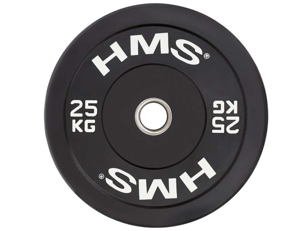 Obciążenie HMS BBR25 (25 kg) obciążenie na białym tle widoczne od przodu o wadze 25 kg do ćwiczeń ze sztangą i gryfami olimpijskimi można bezpiecznie budować siłę, masę mięśniową oraz wytrzymałość średnica wewnętrzna 51 mm