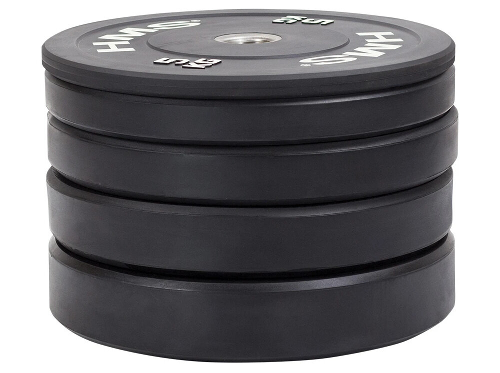 Obciążenie HMS BBR25 (25 kg) pięć obciążeń ustawionych jedno na drugim białe tło korpus wykonano ze stali nierdzewnej całość pokryto grubą warstwą gumy tłumi uderzenia i ogranicza hałas chroni podłogę, sprzęt oraz same talerze przed uszkodzeniami