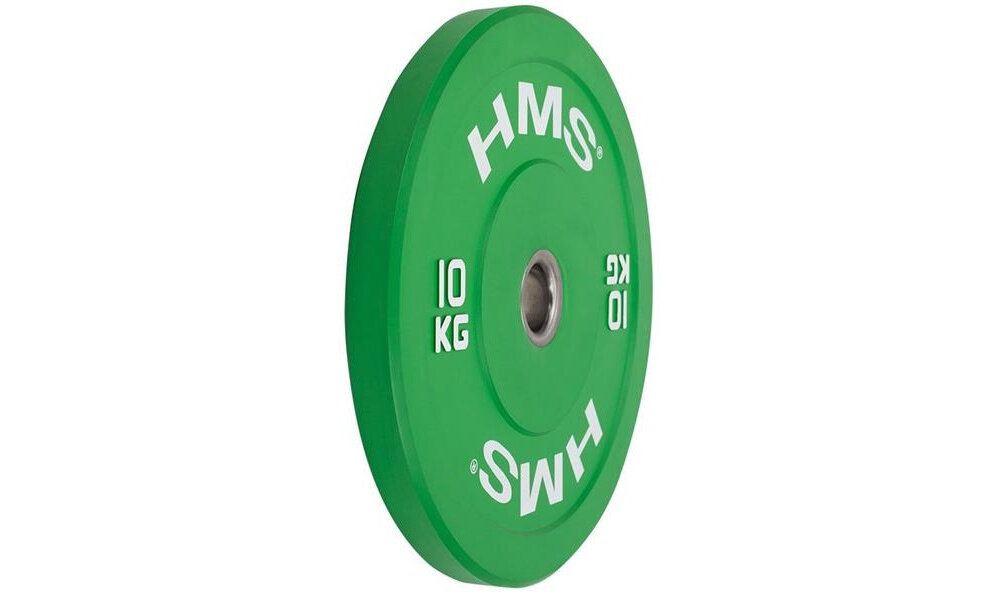 Obciążenie HMS HTBR05 (10 kg) obciążenie widoczne od przodu pod skosem białe tło z mieszanki NR i SBR gruba warstwa gumy o twardości od 75 do 96 w skali Shore’a większa odporność na uszkodzenia guma absorbuje uderzenia chroniąc podłogę oraz sprzęt