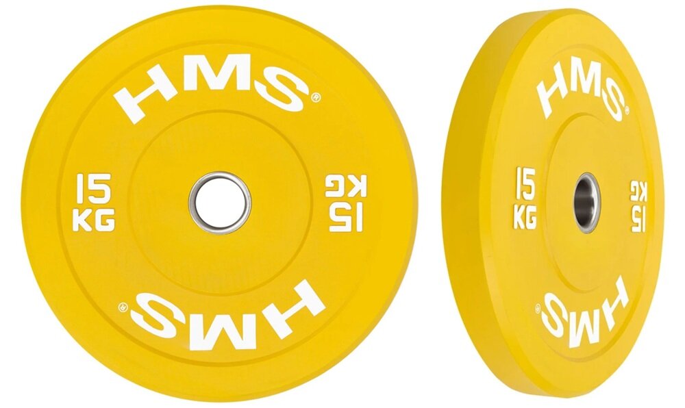 Obciążenie HMS CBR15 (15 kg) białe tło obciążenie w dwóch ujęciach widoczne od przodu i od przodu pod skosem o wadze 15 kg do ćwiczeń ze sztangą i gryfami olimpijskimi średnica wewnętrzna 51 mm szybkie dopasowanie do standardowych gryfów sprawnie zmienisz ciężar płynność ćwiczeń