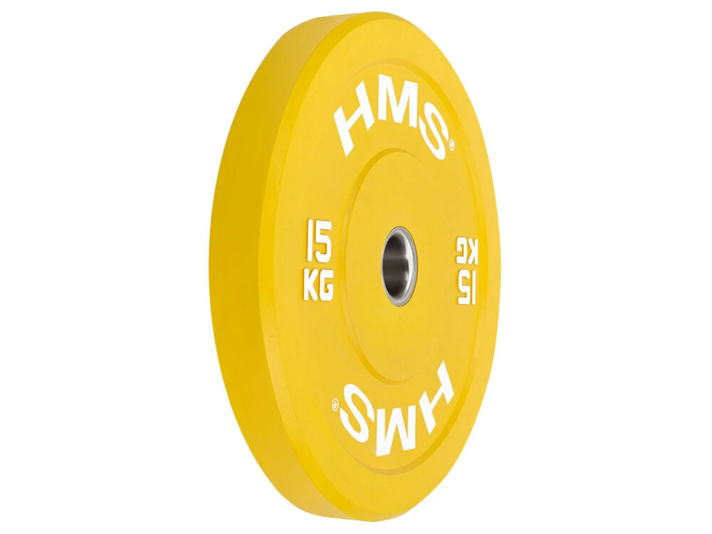 Obciążenie HMS CBR15 (15 kg) obciążenie widoczne od przodu pod skosem białe tło z mieszanki NR i SBR gruba warstwa gumy o twardości od 75 do 96 w skali Shore’a większa odporność na uszkodzenia guma absorbuje uderzenia chroniąc podłogę oraz sprzęt