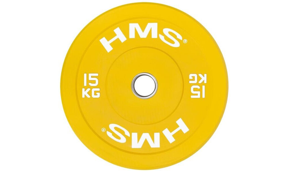 Obciążenie HMS CBR15 (15 kg) obciążenie widoczne od przodu białe tło kolorystyka zgodna z wytycznymi IWF szybkie rozpoznanie wagi podczas treningu średnica zewnętrzna 450 mm wspiera prawidłową technikę startową estetyczne wykończenie i czytelne oznaczenia