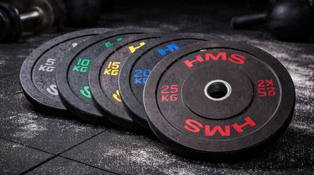 Obciążenie HMS HTBR15 (15 kg) siłownia ciemna podłoga pięć obciążeń ustawionych jedno za drugim do treningu siłowego zdrowie budowanie formy