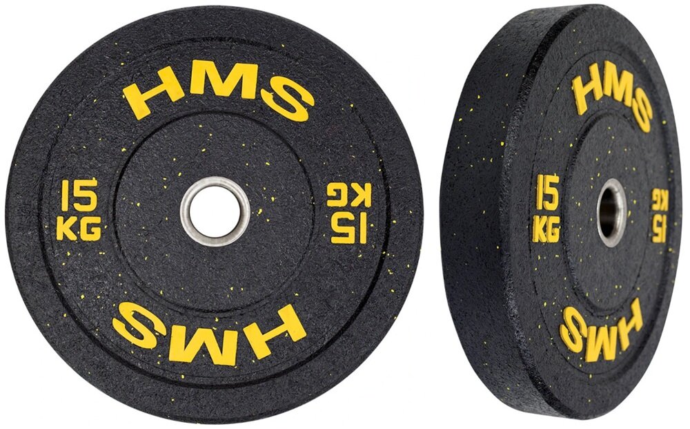 Obciążenie HMS HTBR15 (15 kg) białe tło obciążenie w dwóch ujęciach widoczne od przodu i od przodu pod skosem o wadze 15 kg do ćwiczeń ze sztangą i gryfami olimpijskimi średnica wewnętrzna 51 mm szybkie dopasowanie do standardowych gryfów sprawnie zmienisz ciężar płynność ćwiczeń