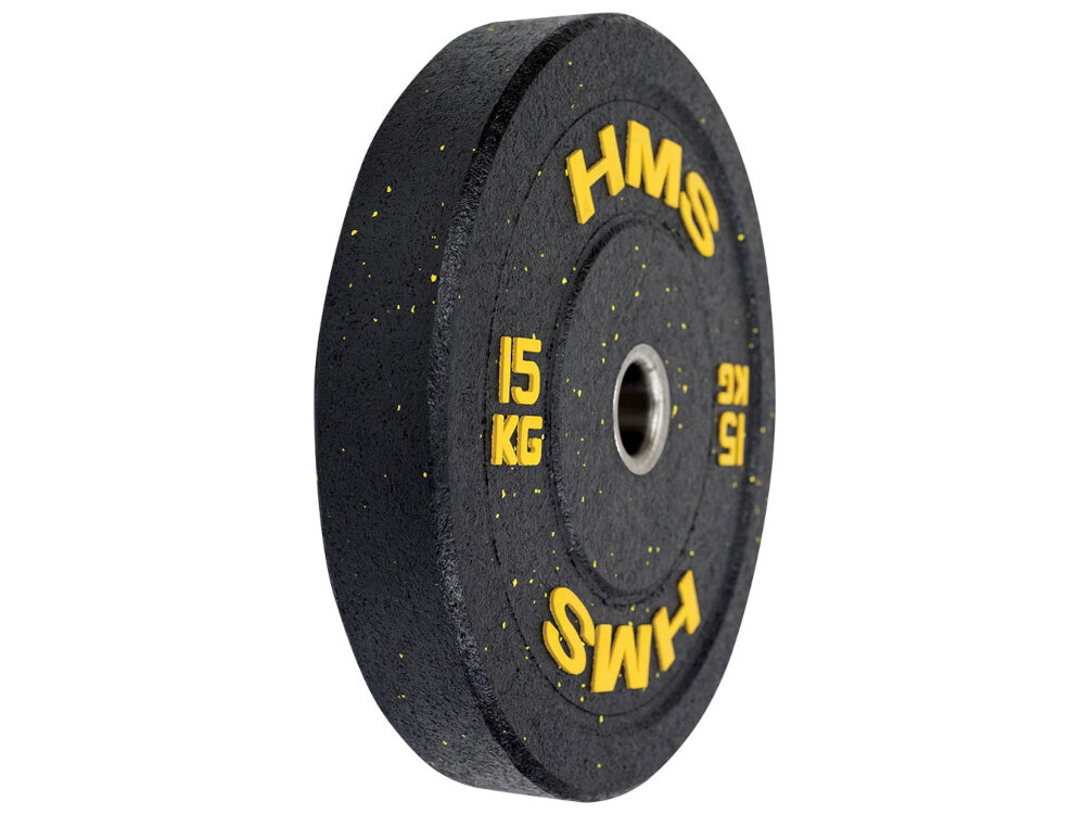 Obciążenie HMS HTBR15 (15 kg) obciążenie widoczne od przodu pod skosem białe tło korpus ze stali nierdzewnej całość pokryto grubą warstwą gumy tłumi uderzenia i ogranicza hałas chroni podłogę, sprzęt oraz same talerze przed uszkodzeniami