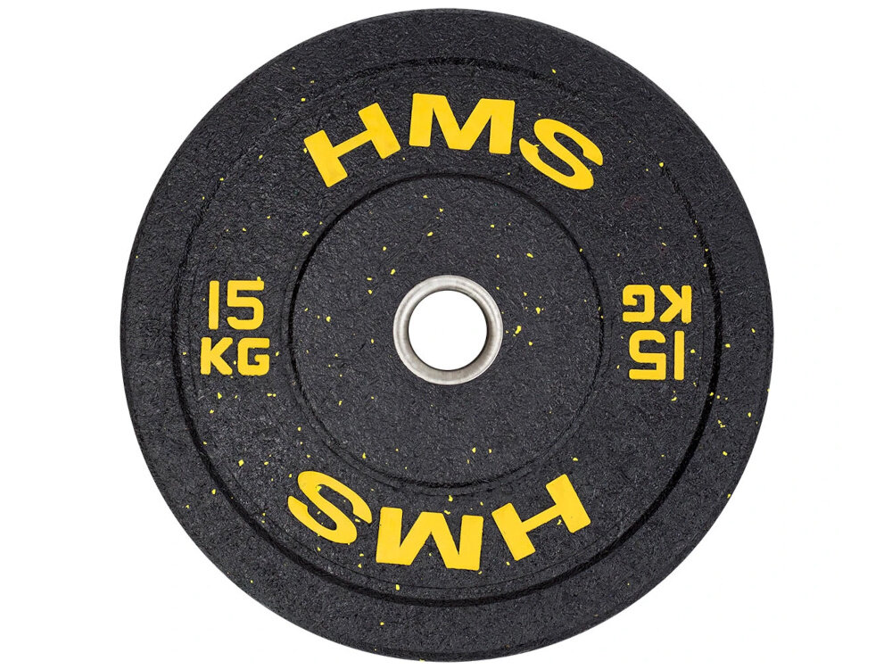 Obciążenie HMS HTBR15 (15 kg) obciążenie widoczne od przodu białe tło średnica zewnętrzna 450 mm szerokość 78 mm waga 15 kg sprzyja bezpiecznemu rozwojowi siły i stopniowej adaptacji mięśni do codziennych treningów