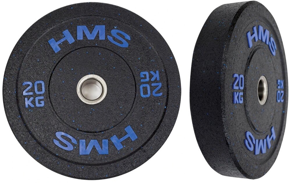 Obciążenie HMS HTBR20 (20 kg) białe tło obciążenie w dwóch ujęciach widoczne od przodu i od przodu pod skosem o wadze 20 kg do ćwiczeń ze sztangą i gryfami olimpijskimi średnica wewnętrzna 51 mm szybkie dopasowanie do standardowych gryfów sprawnie zmienisz ciężar płynność ćwiczeń