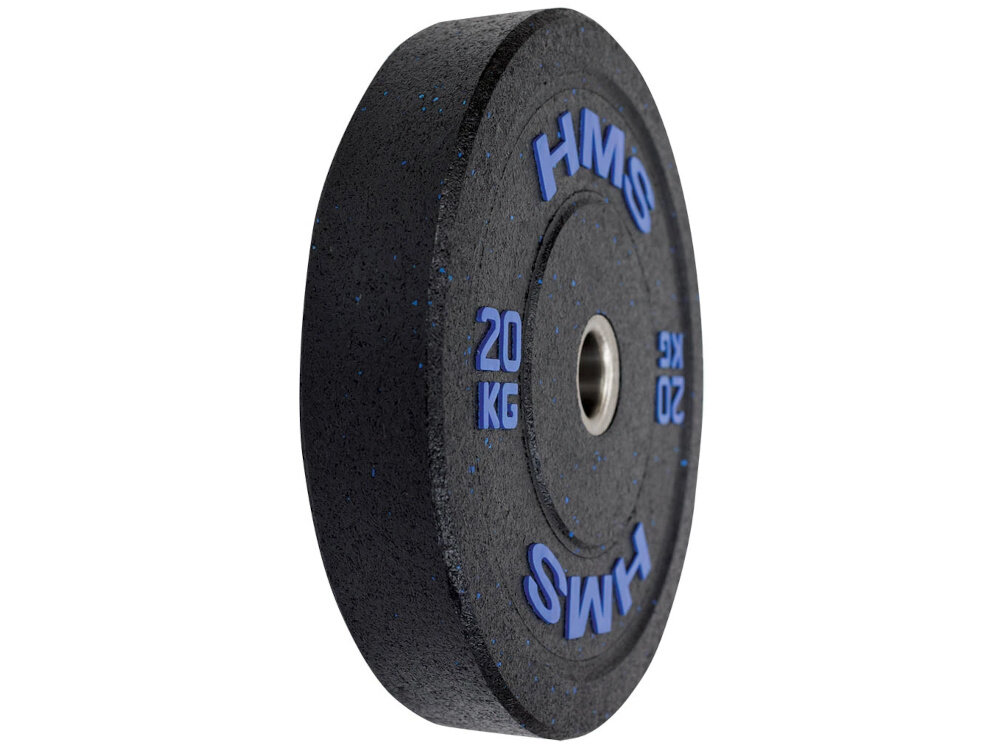 Obciążenie HMS HTBR20 (20 kg) obciążenie widoczne od przodu pod skosem białe tło korpus ze stali nierdzewnej całość pokryto grubą warstwą gumy tłumi uderzenia i ogranicza hałas chroni podłogę, sprzęt oraz same talerze przed uszkodzeniami