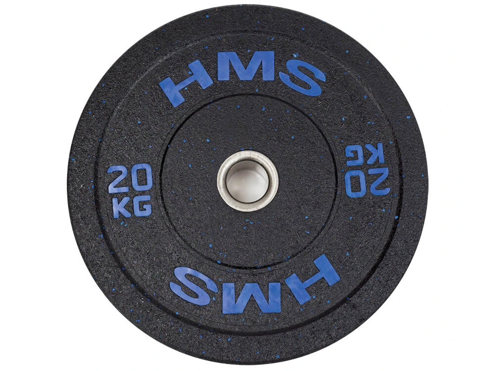 Obciążenie HMS HTBR20 (20 kg) obciążenie widoczne od przodu białe tło średnica zewnętrzna 450 mm szerokość 88 mm waga 20 kg sprzyja bezpiecznemu rozwojowi siły i stopniowej adaptacji mięśni do codziennych treningów