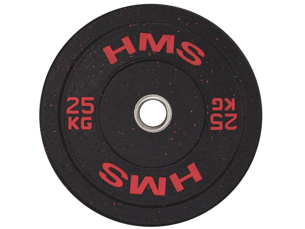 Obciążenie HMS HTBR25 (25 kg) obciążenie widoczne od przodu białe tło średnica zewnętrzna 450 mm szerokość 100 mm waga 25 kg sprzyja bezpiecznemu rozwojowi siły i stopniowej adaptacji mięśni do codziennych treningów