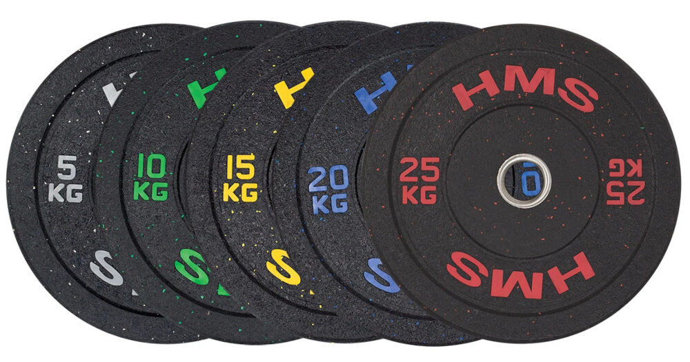 Obciążenie HMS HTBR25 (25 kg) pięć obciążeń ustawionych jedno za drugim białe tło dostępne warianty od 5 kg do 25 kg precyzyjne budowanie obciążenia wraz z postępami wspierają naukę ruchu i rehabilitację pomagają zwiększać siłę Różne średnice i szerokości ułatwiają dopasowanie zestawu do potrzeb oraz przestrzeni