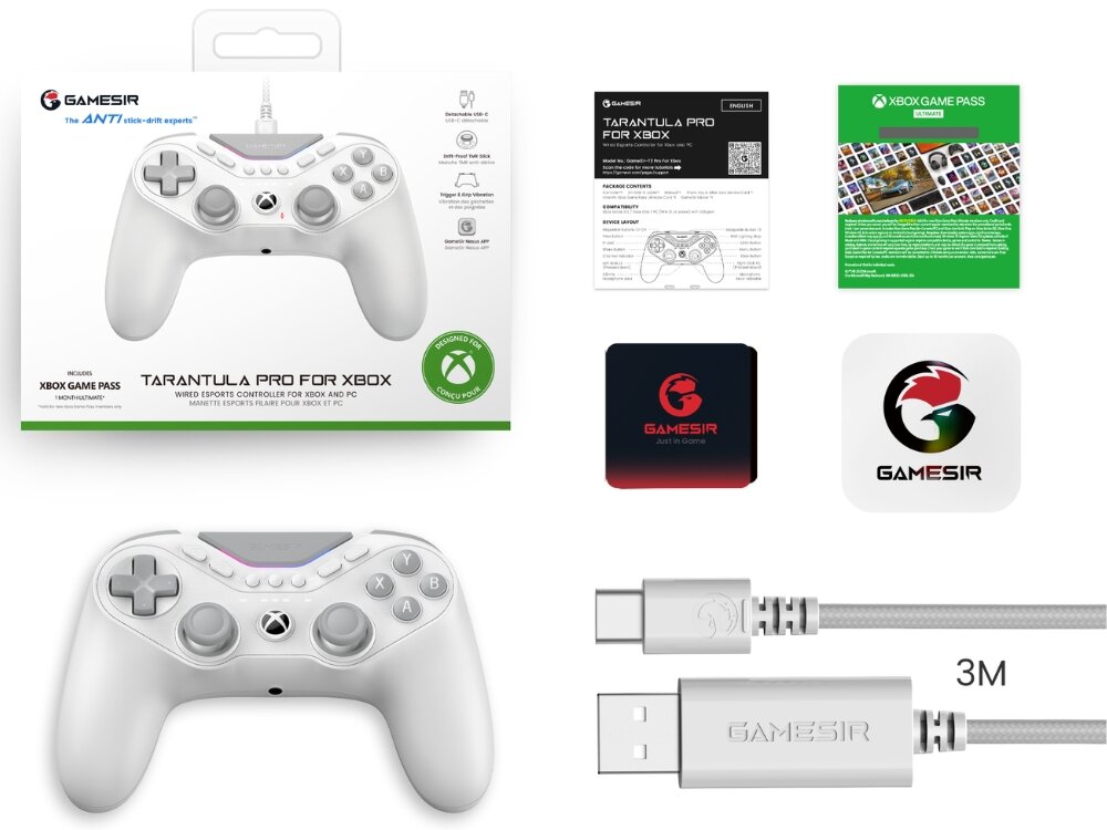 Na obrazie znajduje się biały kontroler do gier z opakowaniem, na którym widnieje napis \'TARANTULA PRO FOR XBOX\'. Obok kontrolera znajdują się kable, instrukcje oraz logo \'GAMESIR\'.