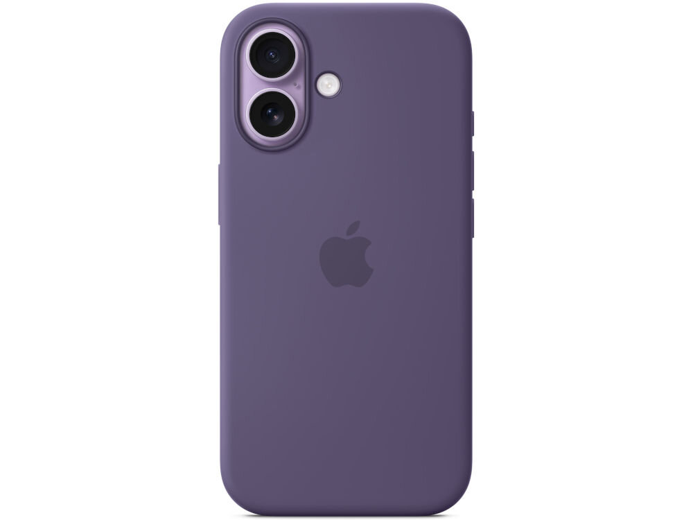 Fioletowe etui silikonowe z logo Apple, przeznaczone do telefonu z dwoma aparatami i lampą błyskową.