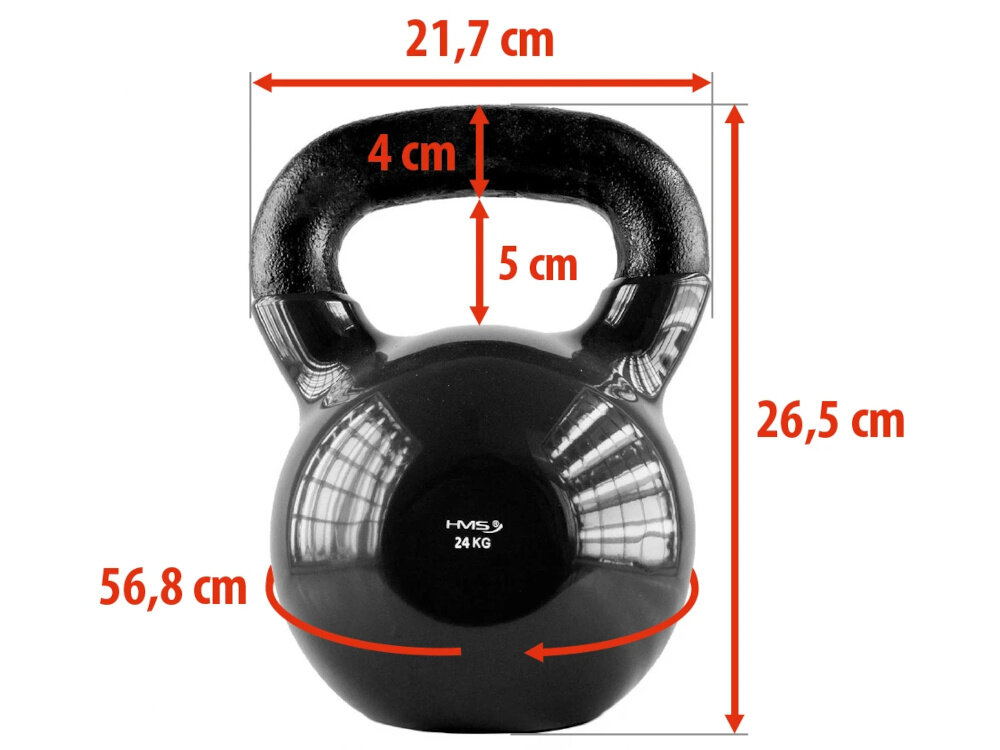 Kettlebell HMS KNV24 (24 kg) kettlebell na białym tle widoczny od przodu czerwone strzałki pokazujące wymiary waga 24 kg wysokość 26,5 cm szerokość 21,7 cm obwód 56,8 cm pełna kontrola podczas ćwiczeń stabilne płaskie dno ułatwia bezpieczne odstawianie i przechowywani rozwija sprawność układu nerwowo-mięśniowego poprawia równowagę i koordynację ruchową zapobiega kontuzjom i wspiera sprawność