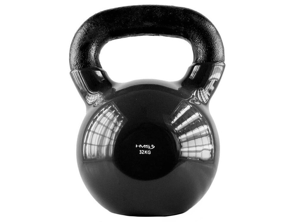 Kettlebell HMS KNV32 (32 kg) kettlebell na białym tle widoczny od przodu waga 32 kg kompleksowy trening siłowy i kondycyjny w domu lub siłowni ćwiczenia wielostawowe angażują mięśnie całego ciała wspomaga spalanie kalorii kształtuje sylwetkę wzmacnia mięśnie ramion nóg i tułowia lepsza sprawność w codziennych aktywnościach