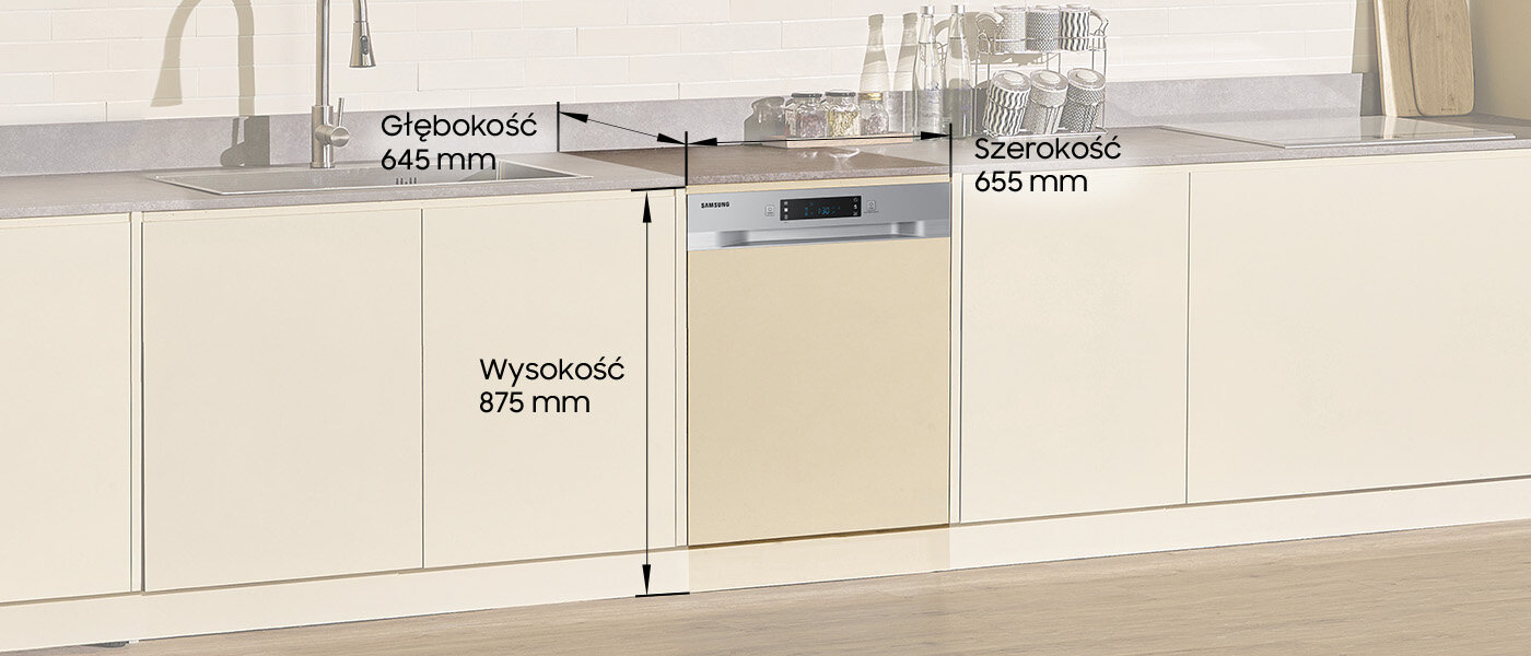 Zmywarka Samsung DW60CG550SSRET - Media Expert - zdjęcie - wymiary Zmywarka w zabudowie kuchennej z widocznymi wymiarami: głębokość 645 mm, szerokość 655 mm, wysokość 875 mm. Na panelu zmywarki widoczne jest logo \'SAMSUNG\'.