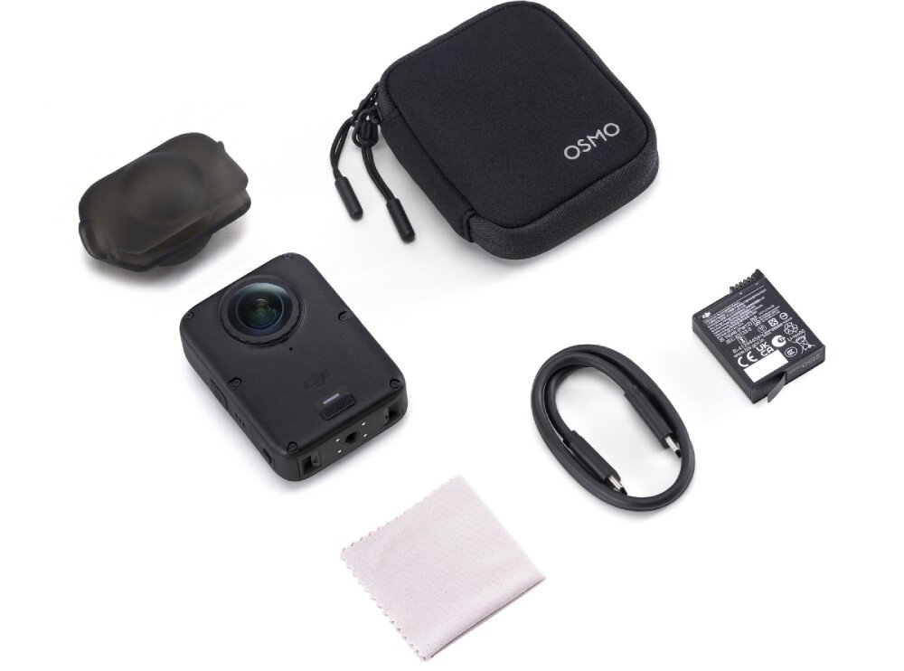 Kamera sportowa DJI Osmo 360 II Zestaw akcesoriów na białym tle, w tym małe urządzenie, etui z napisem 'OSMO', akumulator, kabel USB, osłona obiektywu i ściereczka