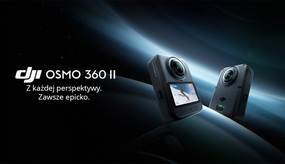 Kamera sportowa DJI Osmo 360 II Dwa urządzenia z wypukłym obiektywem na ciemnym tle, po lewej napis 'OSMO 360 II' oraz tekst 'Z każdej perspektywy. Zawsze epicko'