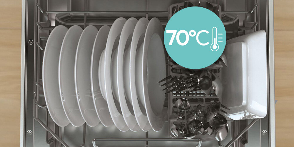 Wnętrze zmywarki z ułożonymi talerzami i sztućcami. Na obrazie widoczna jest ikona z napisem \'70°C\'.